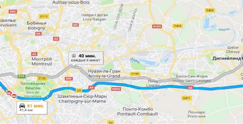 Карта с маршрутом в Диснейленд Париж